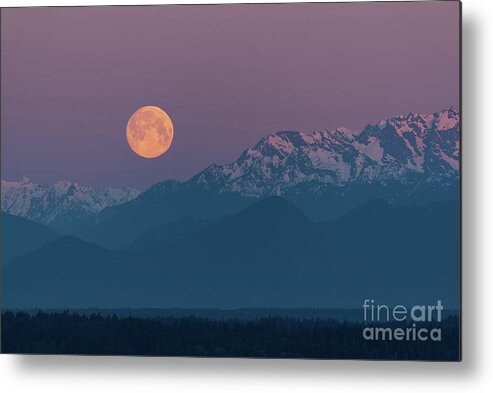 Olympic Mountains Metal Print featuring the photograph Supermoon and Olympic Mountains on Spring Equinox March 20, 2019 by Nancy Gleason