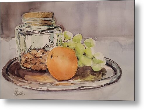 Still Life Metal Print featuring the painting Sustenance on a Silver Platter by Sheila Romard