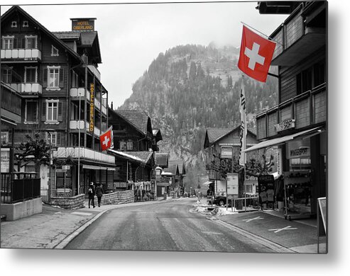 Lauterbrunnen Metal Print featuring the digital art Swiss Flags Hotel Oberland Lauterbrunnen Switzerland Jungfrau Color Splash by Shawn O'Brien