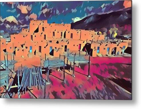 Native American Metal Print featuring the digital art Taos Pueblo Sunset #1 by Aerial Santa Fe