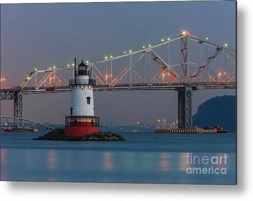 Clarence Holmes Metal Print featuring the photograph Tarrytown Lighthouse and Tappan Zee Bridge at Twilight by Clarence Holmes