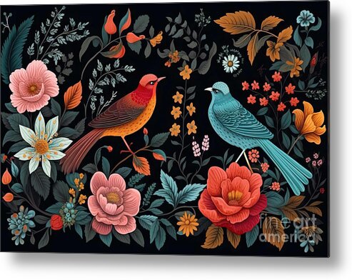 Bird Metal Print featuring the painting Textile pattern pattern of birds on branches flowers and plants by N Akkash