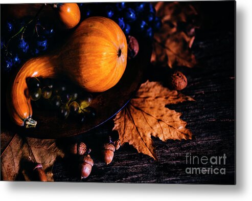 Thanksgiving Metal Print featuring the photograph Thanksgiving composition with autumn leaves and pumpkin by Jelena Jovanovic