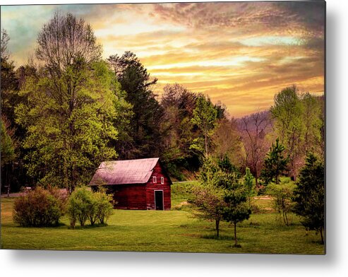 Barns Metal Print featuring the photograph The Red Barn at Sunset by Debra and Dave Vanderlaan