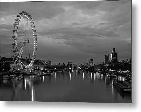 London Metal Print featuring the photograph The Thames River London Eye England UK Dramatic Sky Black and White by Toby McGuire