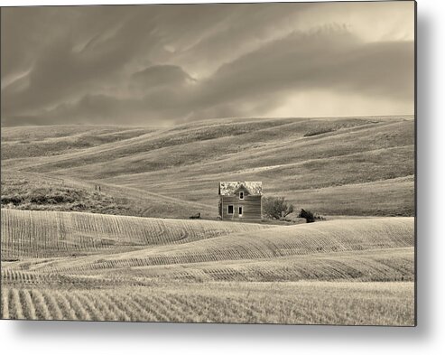 Farm Metal Print featuring the photograph The Vast Forgotten- Farmhouse on the vast ND prairie by Peter Herman
