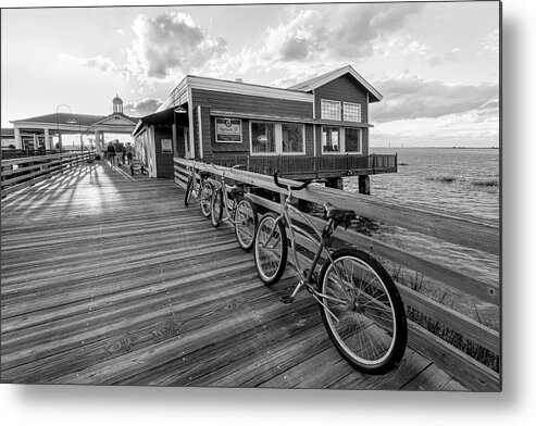 Black Metal Print featuring the photograph Three Bicycles on the Dock Black and White Jekyll Island by Debra and Dave Vanderlaan