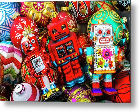 Abundance Red Fancy Metal Print featuring the photograph Three Christmas Robots by Garry Gay