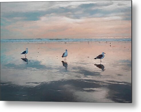 Three Birds Metal Print featuring the mixed media Three Seagulls on the Beach by Alison Frank