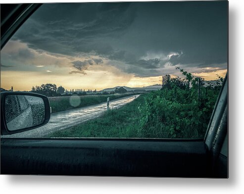 Green Color Metal Print featuring the photograph Thunderstorm on a country road by Benoit Bruchez