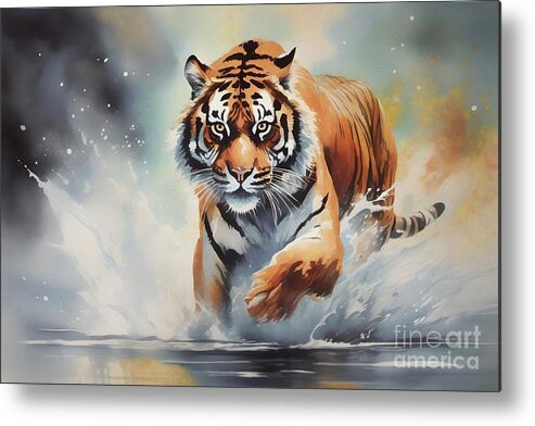 Tiger Metal Print featuring the digital art Tiger Running In Water - 02435 by Philip Preston
