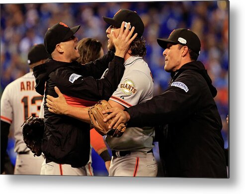 People Metal Print featuring the photograph Tim Hudson and Madison Bumgarner by Jamie Squire