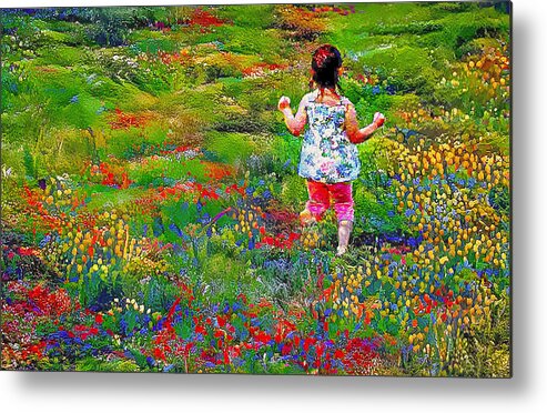 Girl Metal Print featuring the photograph Tiptoe Through The Tulips by Debra Kewley