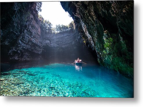 Greece Metal Print featuring the photograph Tourists in hidden Melissani Cave, Greece by Jan Vesel