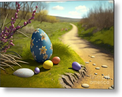Trail Metal Print featuring the digital art Trail of Easter Wonders, Photorealistic Egg Hunt Trail Full of Surprises by Jeff Creation