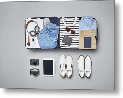 Menswear Metal Print featuring the photograph Traveler's accessories and clothes by Morsa Images