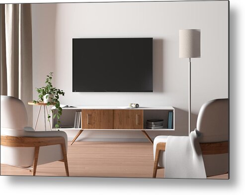 Empty Metal Print featuring the photograph TV screen on the white wall in modern living room. by Dmitriymoroz