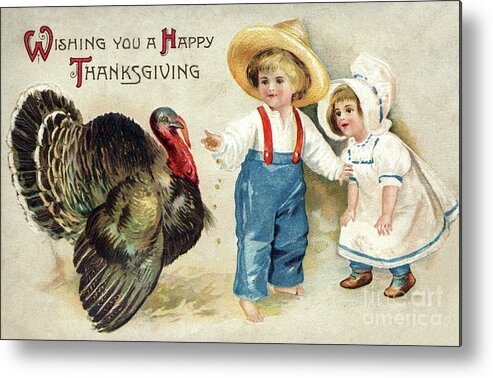 Thanksgiving Metal Print featuring the digital art Two children feeding a turkey corn. by Pete Klinger