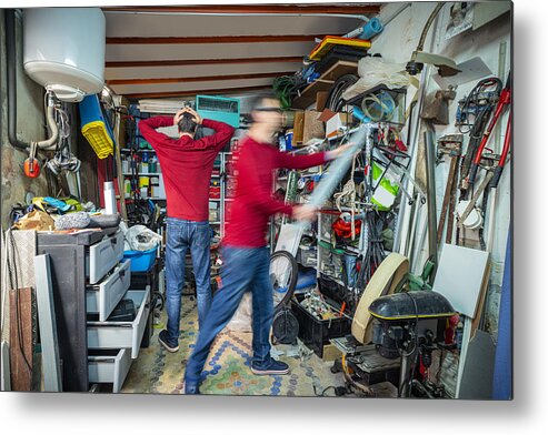 Disbelief Metal Print featuring the photograph Two moments in the messy garage first amazed by chaos second begin to act and put order by Mediterranean