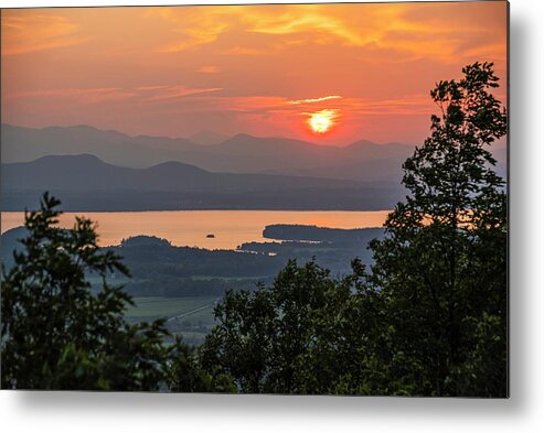 Adirondacks Metal Print featuring the photograph Vibrant sunset through trees Lake Champlain and the Adirondacks from Mount Philo Charlotte Vermont by Toby McGuire