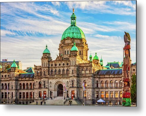 Parliament Building Metal Print featuring the photograph Victoria, BC, Parliament Building and totem by Tatiana Travelways