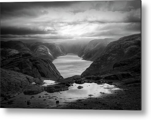 Clouds Metal Print featuring the photograph View from the Top of Preikestolen The Pulpit Rock Black and Whit by Debra and Dave Vanderlaan