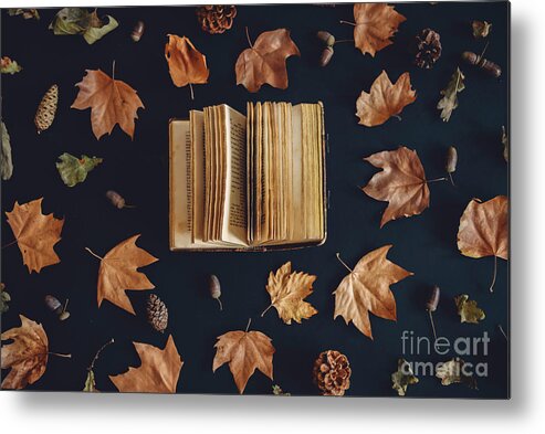 Autumn Metal Print featuring the photograph Vintage book and autumn maple leaves on dark background from abo by Jelena Jovanovic