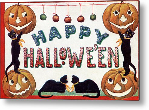 1910-1919 Metal Print featuring the drawing vintage Halloween scene on old postcard by NNehring