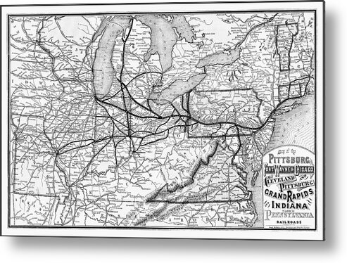 Railroad Metal Print featuring the photograph Vintage Railroad Map 1874 Pittsburgh and Beyond Black and White by Carol Japp