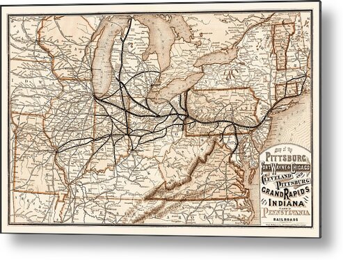 Railroad Metal Print featuring the photograph Vintage Railroad Map 1874 Pittsburgh and Beyond Sepia by Carol Japp
