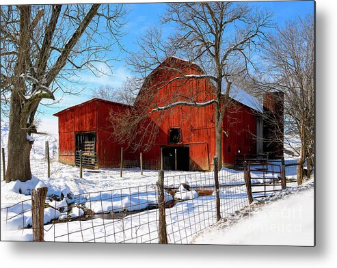 Barn Metal Print featuring the photograph Vintage Red Barn in Snow by Shelia Hunt