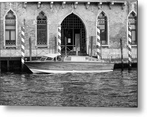 Runabout Metal Print featuring the photograph Vintage Runabout Boat and Striped Venetian Mooring Poles Grand Canal Venice Italy Black and White by Shawn O'Brien
