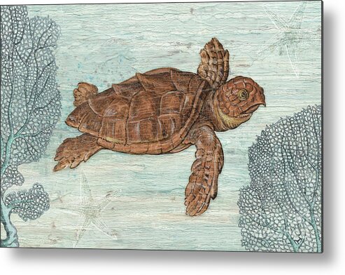 Vintage Modern Collage Metal Print featuring the painting Vintage Sea Turtle Blue Coral Starfish Rustic Weathered Wood by Audrey Jeanne Roberts