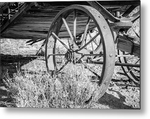 Wagon Metal Print featuring the photograph Wagon Wheel BW by Joan Carroll