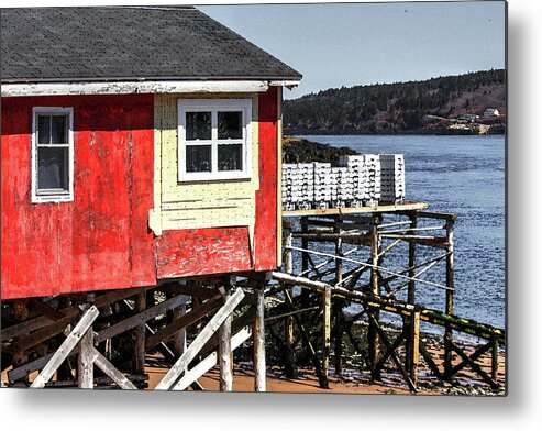Nova Scotia Canada Bay Of Fundy Petit Passage Sea Shore Beach Tide Supports Boats Dory Slip Way Fishing Huts Shacks Boat House Red Shack Lobster Pots Carry All Sea Fishing Plant Metal Print featuring the photograph Waiting for for the boat by David Matthews