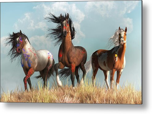 Three Warriors Metal Print featuring the digital art Warrior Horses in War Paint by Daniel Eskridge