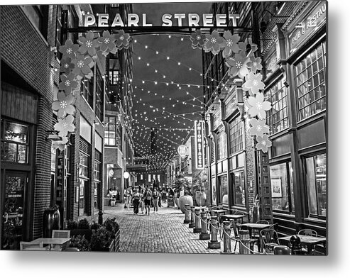 Washington Metal Print featuring the photograph Washington DC Pearl Street on the Wharf at night. Washington Street Nightlife Black and White by Toby McGuire