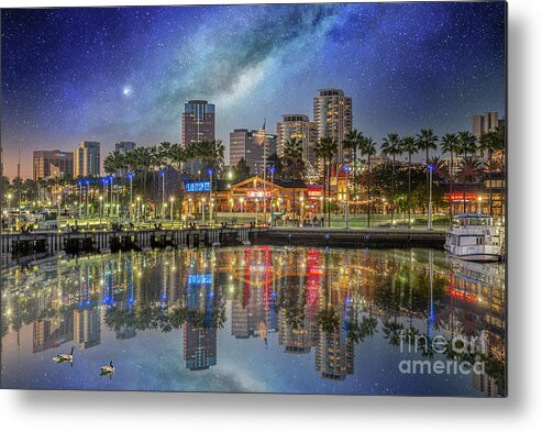 Long Beach Ca Skyline Metal Print featuring the photograph Water Reflecting Lights Sunset Long Beach CA by David Zanzinger