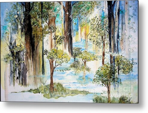 Landscape Metal Print featuring the painting Watercolor Fantasy Landscape 2 greens and blues by Valerie Shaffer