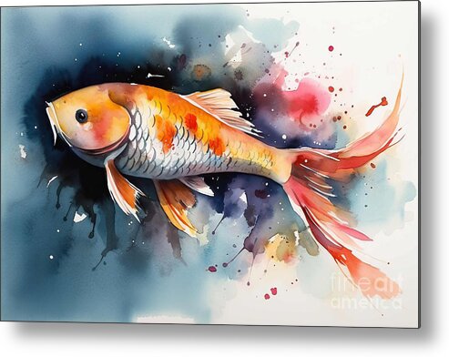 Goldfish Metal Print featuring the painting Watercolor illustration of Koi Carp fish. by N Akkash