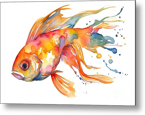 Watercolor Metal Print featuring the painting Watercolor painting, goldfish, vector illustration, isolated on by N Akkash