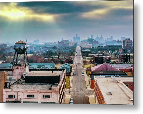 Detroit Metal Print featuring the photograph Watertower Skyline V2 DJI_0690 by Michael Thomas