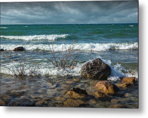 Grand Traverse Bay Metal Print featuring the photograph Waves coming ashore at Northport Point on Lake Michigan by Randall Nyhof