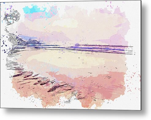 Wavy Sea Under Bright Sky At Sunset Metal Print featuring the digital art Wavy sea under bright sky at sunset, watercolor, ca 2020 by Ahmet Asar by Celestial Images