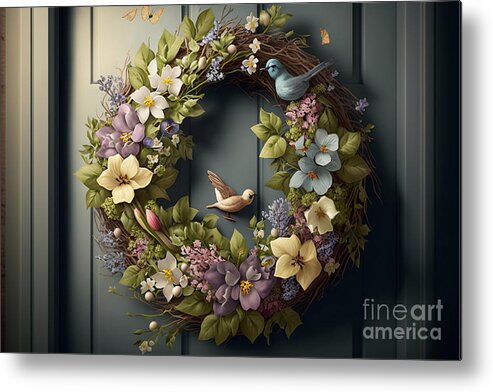 Welcome Metal Print featuring the digital art Welcome to Easter, Photorealistic Wreath on a Door Signaling Spring Joy by Jeff Creation