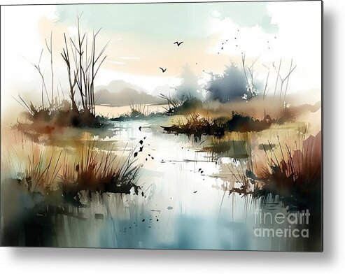 Wetland Metal Print featuring the painting Wetlands, watercolour style by N Akkash