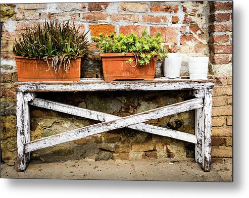 Italy Metal Print featuring the photograph White bench with planters by Craig A Walker