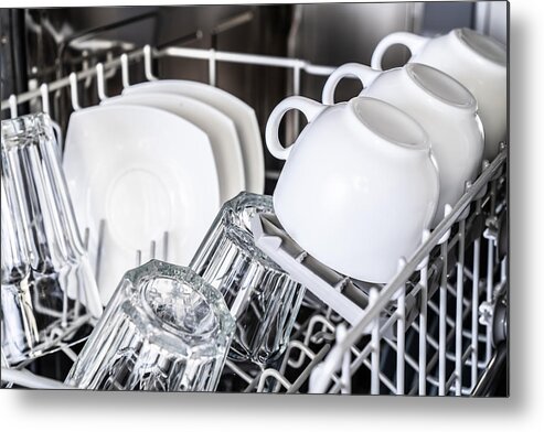 Washing Machine Metal Print featuring the photograph White cups in new dishwasher by Alex_ugalek