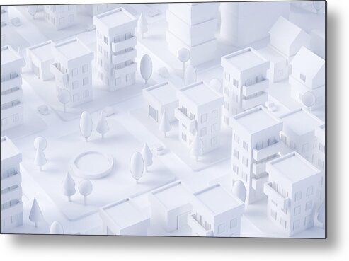 Downtown District Metal Print featuring the drawing White three dimensional render of pond in city park by Westend61