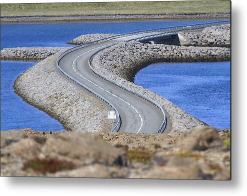 Curve Metal Print featuring the photograph Winding road across river by [Hans Henning Wenk]